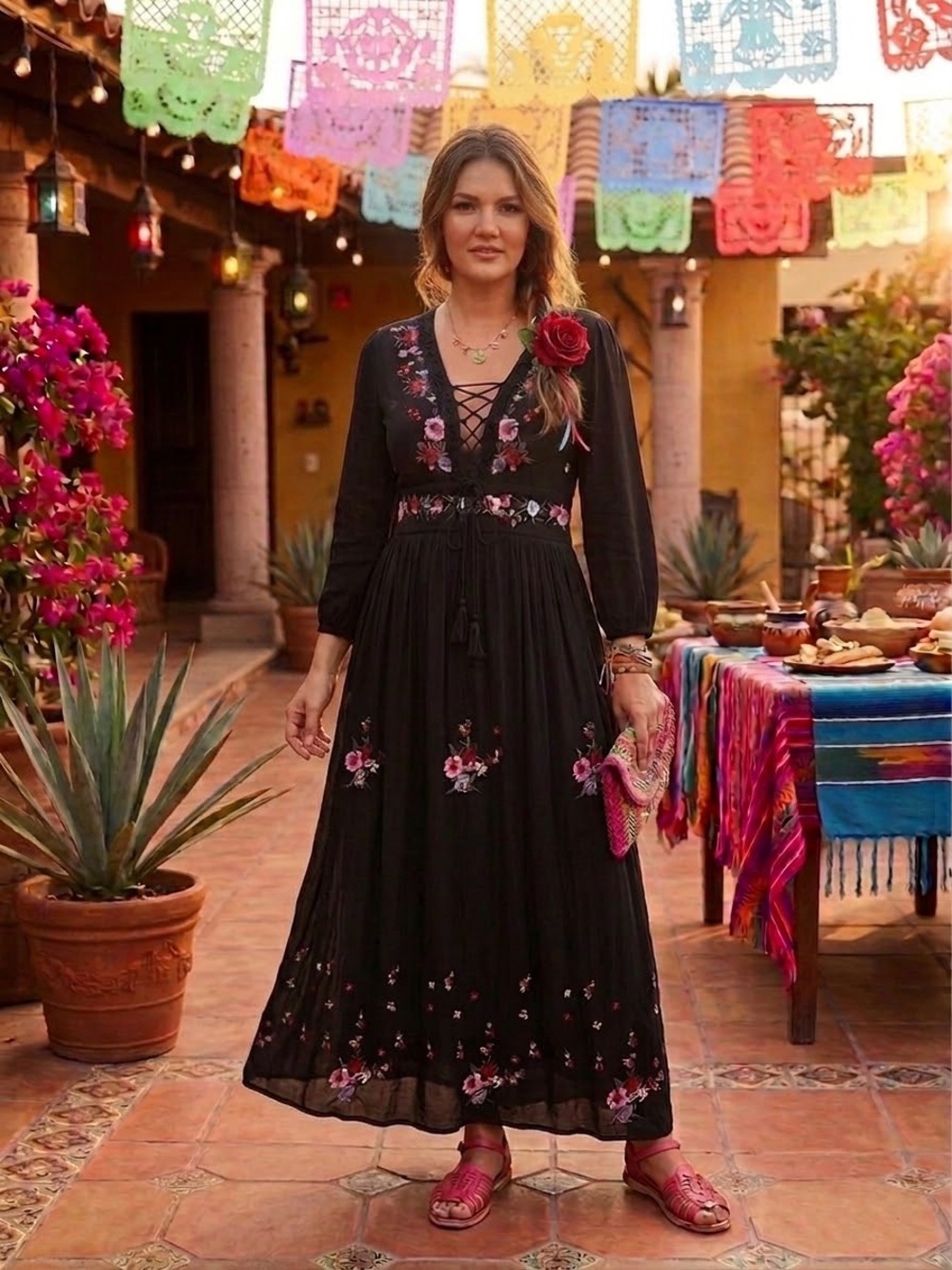 EARTHBOUND Black Maxi Dress with Pink Floral Embroidery